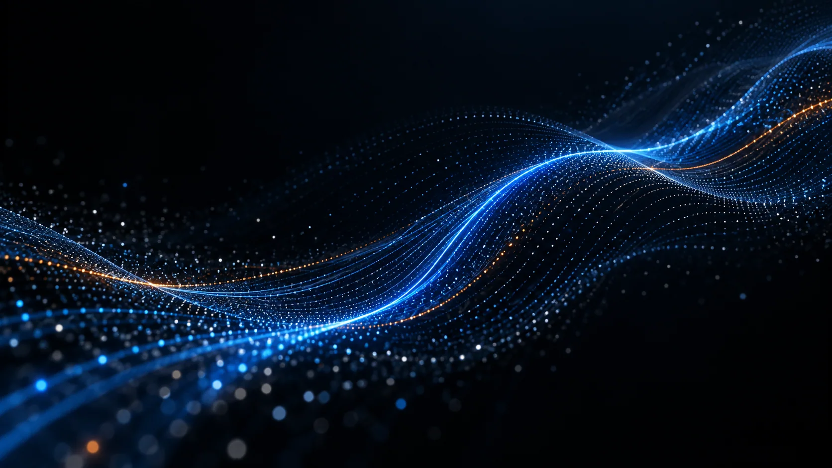 Engineered blue and orange particle waves representing connected information and systems